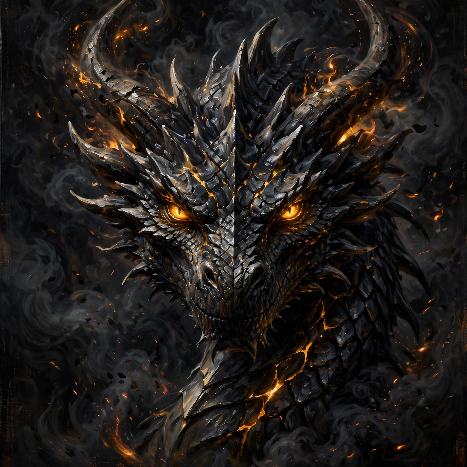 Portrait of an obsidian dragon with molten-gold eyes, wreathed in smoke and embers