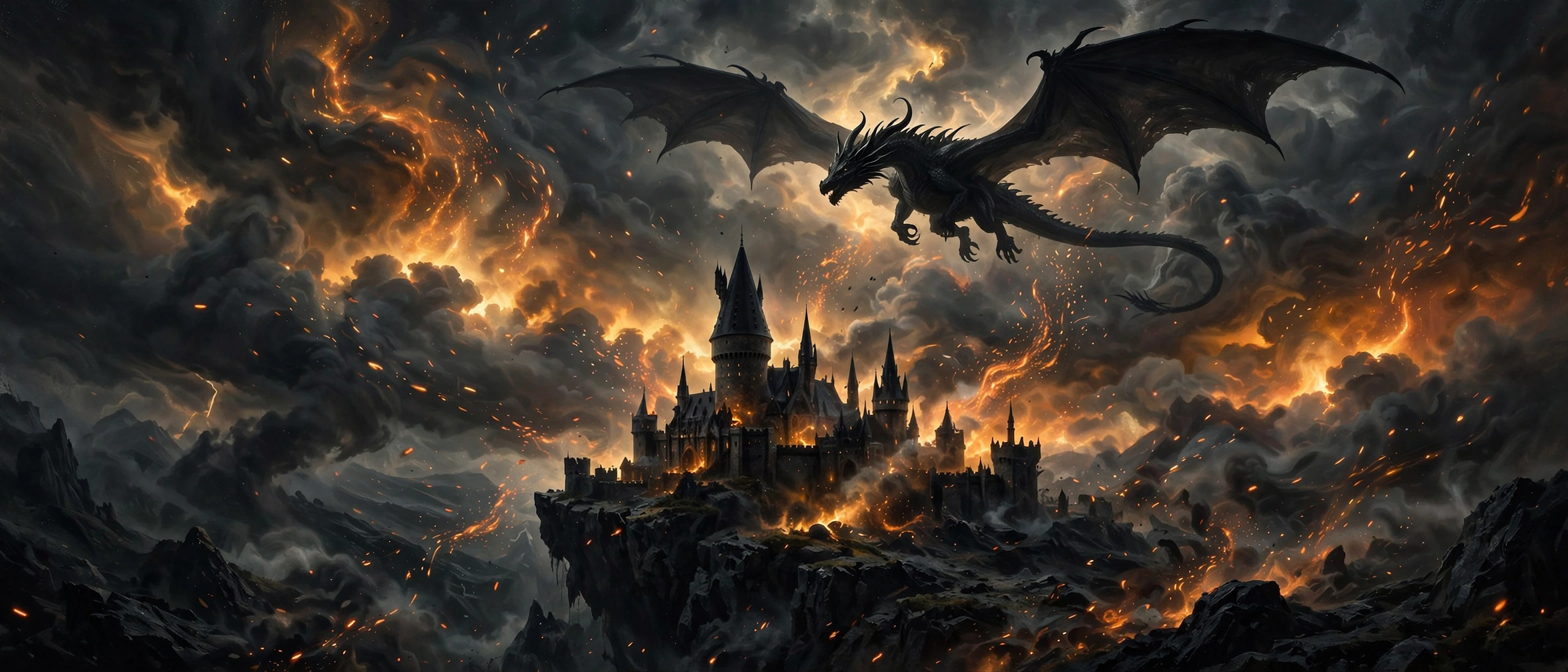 A black dragon circling a burning castle beneath a storm of embers