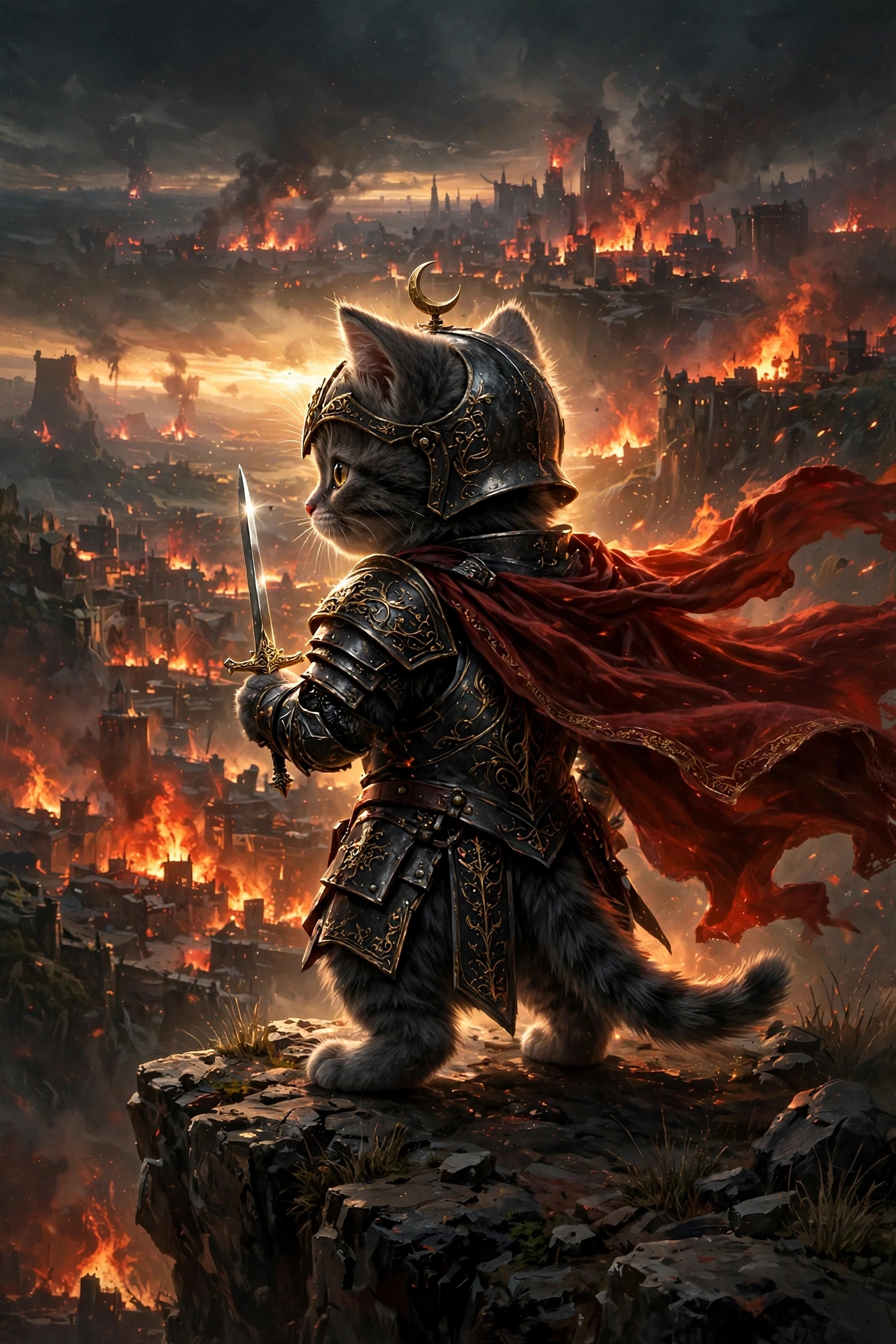 A small knight cat in black-and-gold armor with a crimson cape, standing watch over a burning city